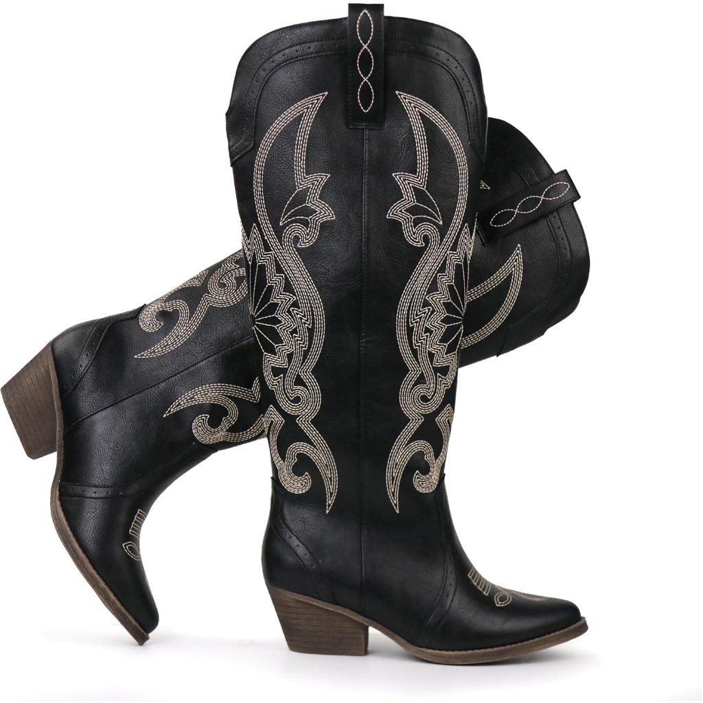Women's Black Cowgirl Boots Slip On Pointed Toe Classic Embroidered Pull On